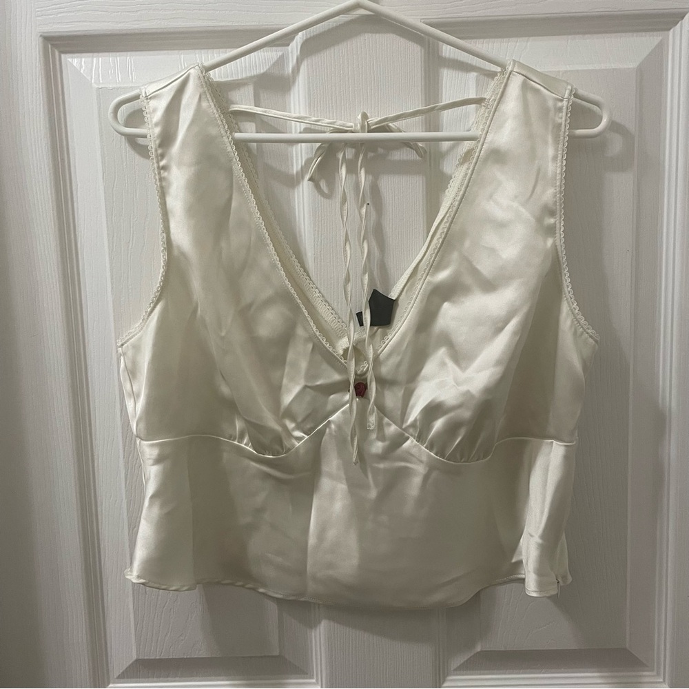 Ivory Satin V-Neck Crop Top